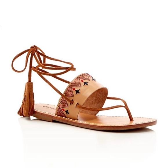 Soludos Shoes - Soludos Embroidered Leather Lace-Up Sandals Tan